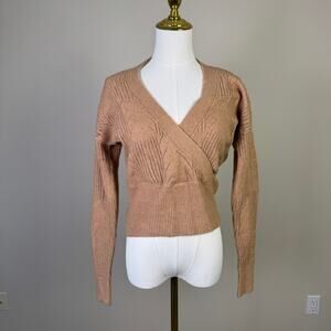 Pink Rose V Neck Long Sleeve Wheat Sweater US Women's L New